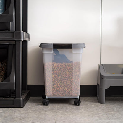 IRIS USA Airtight Dog Food Storage Container, WeatherPro, Up to 50 lbs, Removable Wheels, for Dog Cat Bird and Other Pet Food Storage Bin, Keep Fresh, Translucent Body, Made in USA, Clear/Gray