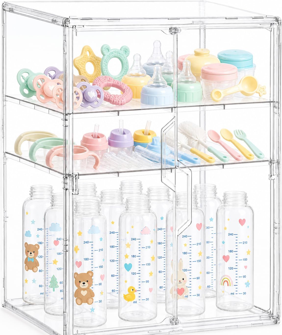 Baby Bottle Storage Organizer, Large 3 Tier Acrylic Bottle Storage Organizer Container for Countertop, Clear Plastic Bottle Station Organizers for Kitchen Cabinet Vanity Bathroom, Gifts for New Mom