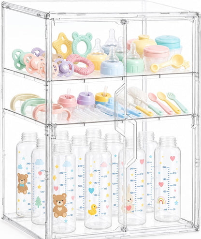 Baby Bottle Storage Organizer, Large 3 Tier Acrylic Bottle Storage Organizer Container for Countertop, Clear Plastic Bottle Station Organizers for Kitchen Cabinet Vanity Bathroom, Gifts for New Mom