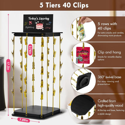 Pinzoveco Chip Rack Display Stand, 5 Tiers 40 Clips Snack Organizer for Office Desk, 360° Rotating Wooden Base Chip Holder Candy Display for Concession Stand, Countertop, Party, With Message Board