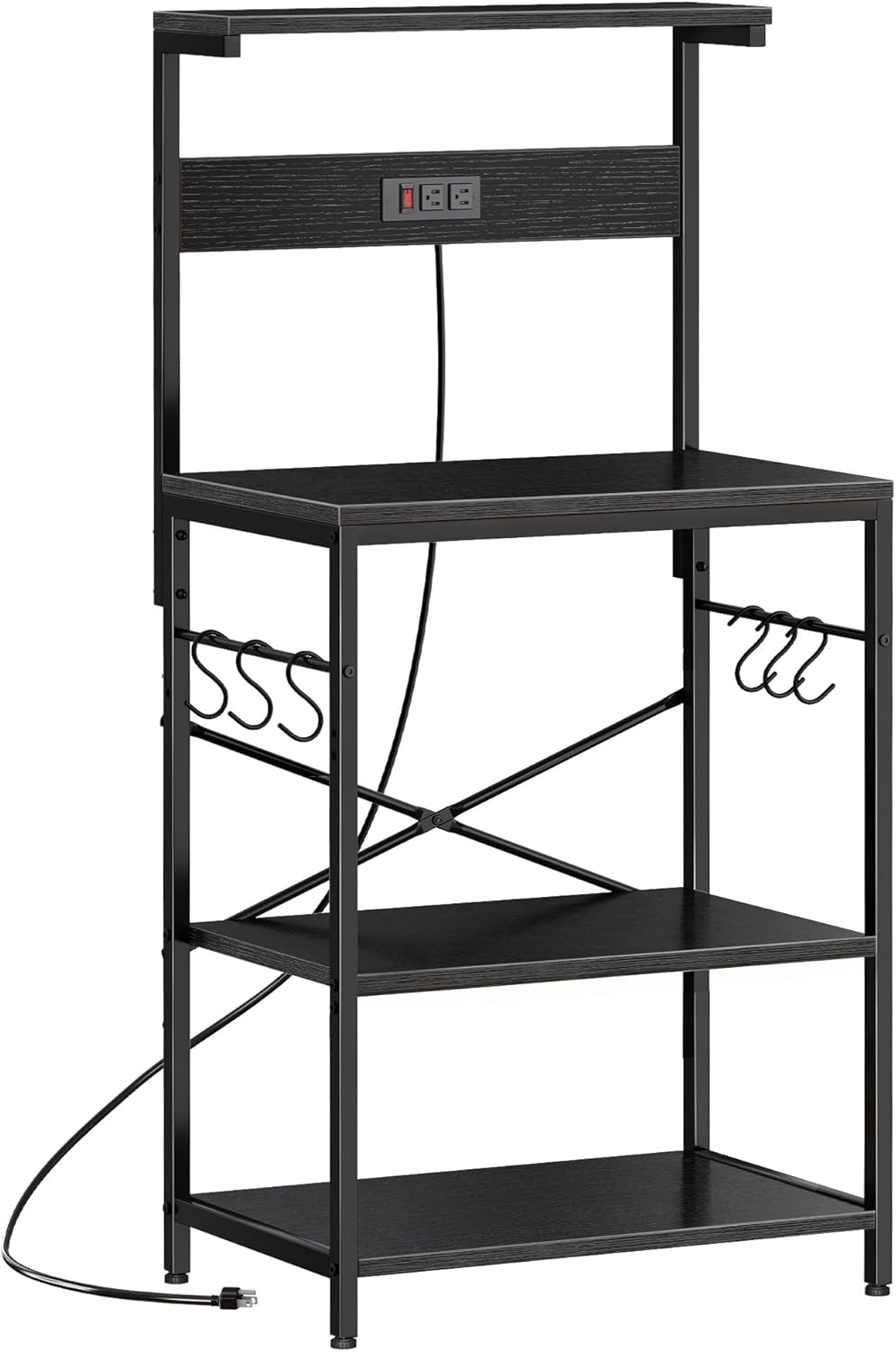 SUPERJARE Kitchen Bakers Rack with Power Outlet, Coffee Bar Table 4 Tiers, Kitchen Microwave Stand with 6 S-shaped Hooks, Storage Shelf Rack for Spices, Pots and Pans - Rustic Brown