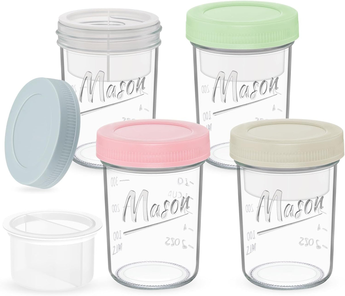 Xyptorix 16 oz Overnight Oats Containers with Lids, Leak-Proof Wide Mouth Mason Jars & Separate Compartments for Fruits/Nuts, Airtight Glass Jars for Chia Pudding, Yogurt, Parfait and Salad