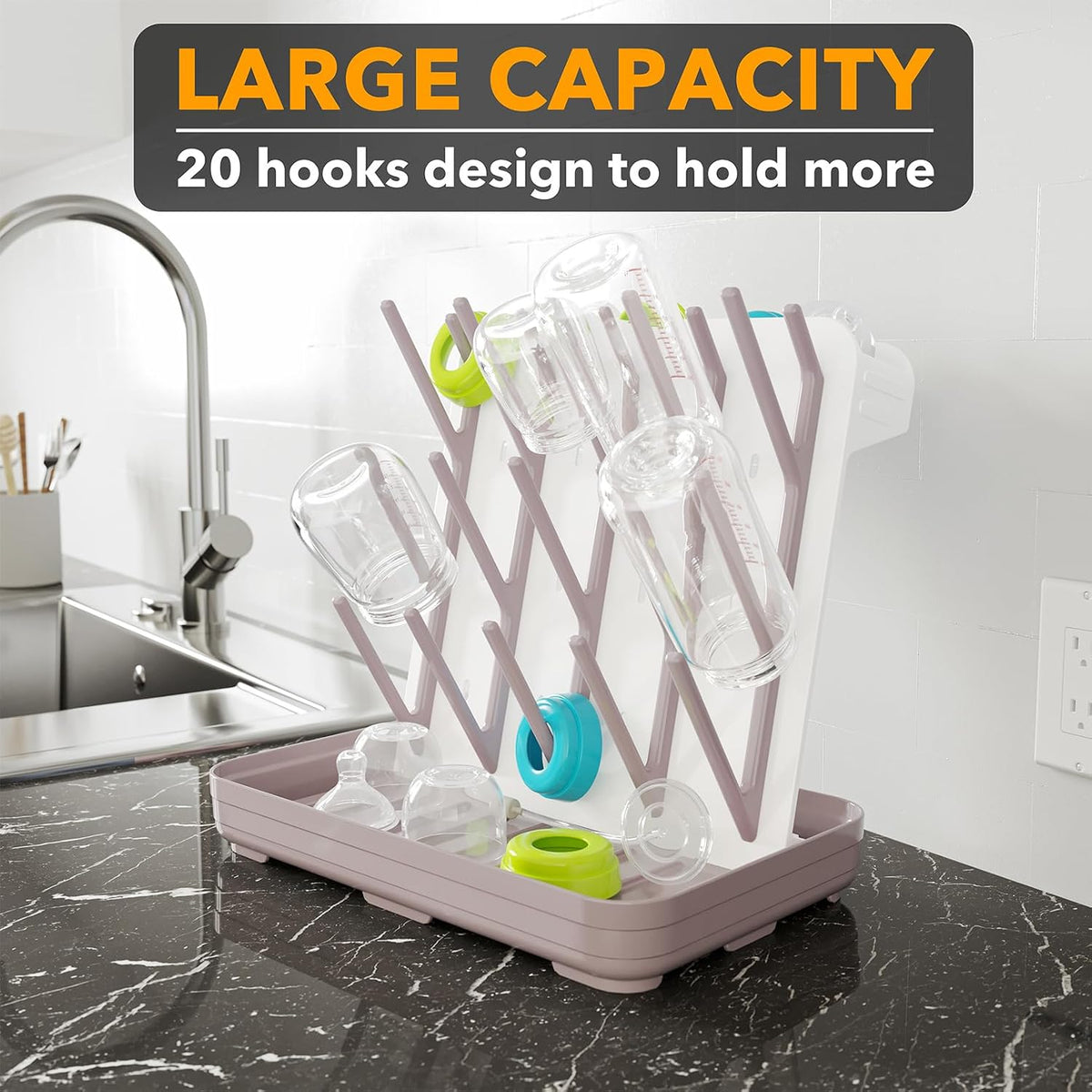 SpaceAid Baby Bottle Drying Rack with 20 Hooks, Space Saving Kitchen Bottles Rack Dryer, Vertical Baby Bottle Holder Organizer for Countertop Storage Accessories (White and Gray)