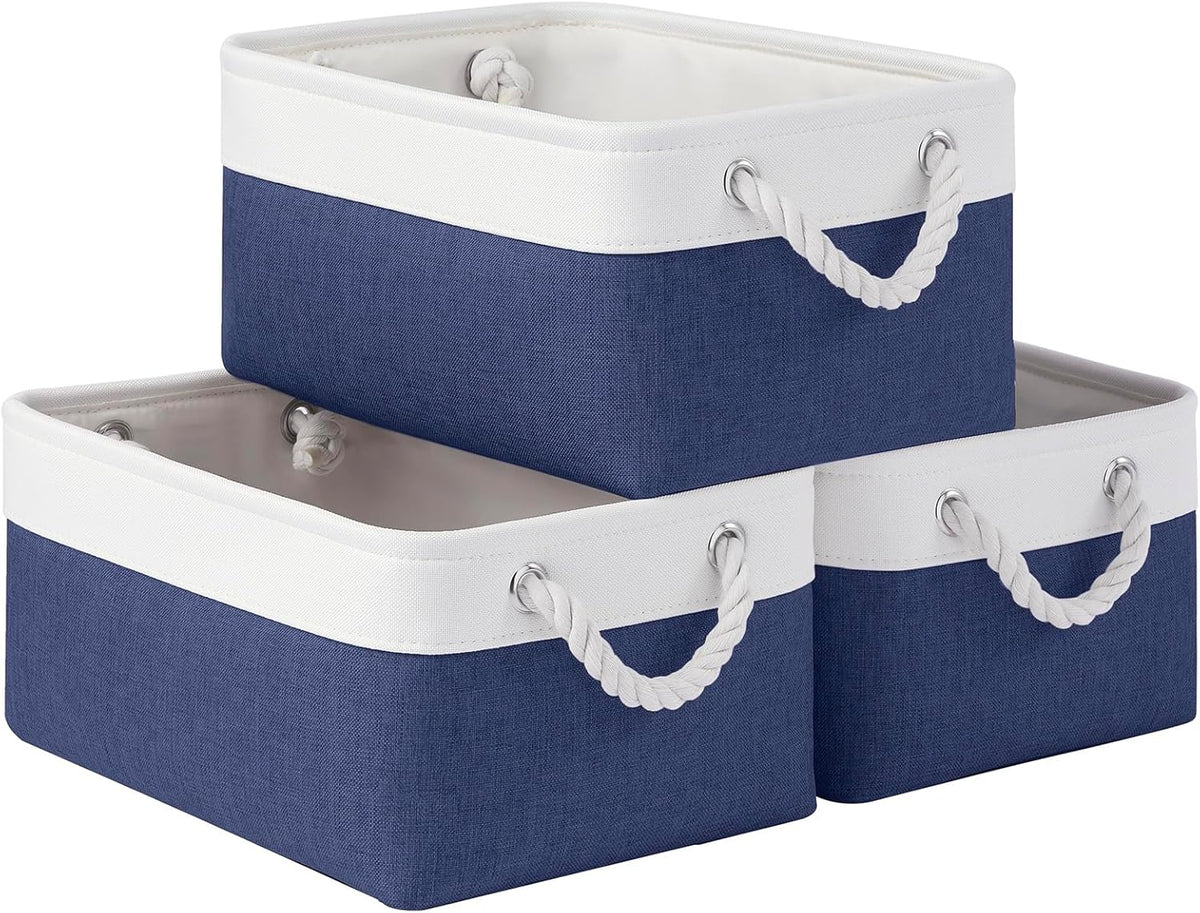 Large Storage Baskets- 15.7x11.8x8.26 inch Storage Bins for Shelves and Closet Organizing, Foldable Fabric Bin for Home Organization Clothes and Laundry (3-Pack, White&Khaki)