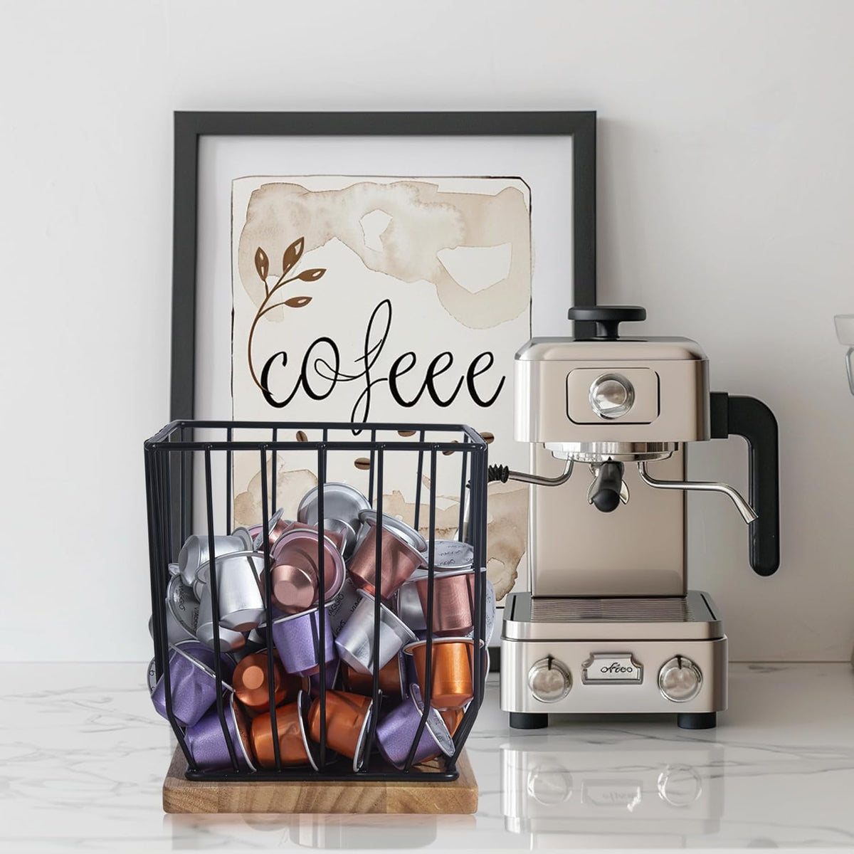 BYTEAIDREX Coffee Pod Holders for Counter - K Cup Holders for Counter - Coffee Pods Storage Organizer - Bar Accessories - Large Capacity Black Wire Kup Storage with Wooden Base.