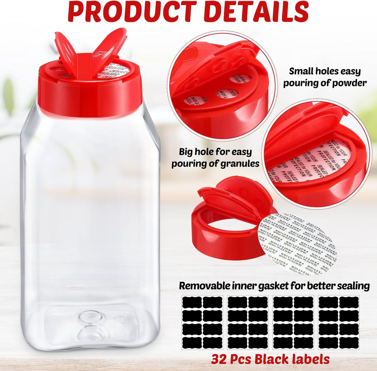 Mifoci 28 Pack 16 oz Plastic Spice Jars with Cap Square Plastic Bottle Containers with Shaker Lids and Stickers Large Seasoning Shaker Empty Powder Storage Container for Storing Salt Herbs (Black)