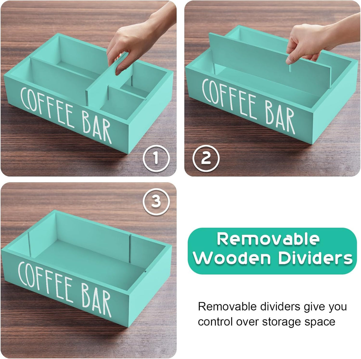 ALELION Coffee Station Organizer - Wood Countertop Accessories Organizer with Removable Dividers for Pods Condiment Syrup Tea Cups Stirrers - for Farmhouse Coffee Bar Decor