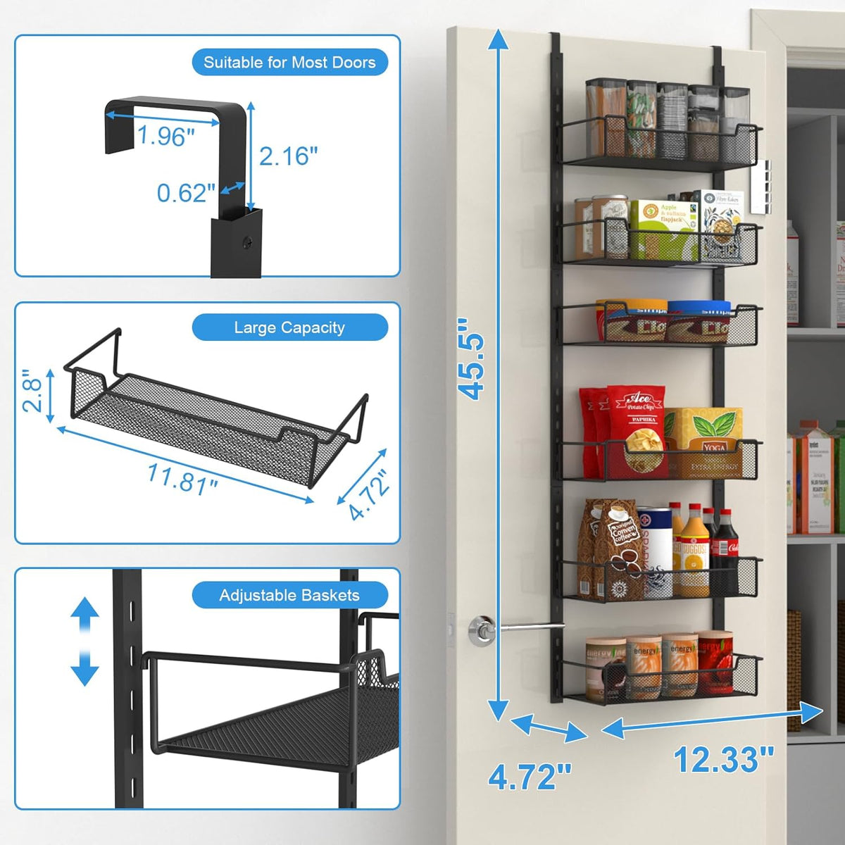 VyGrow 12.3" W Narrow Over the Door Pantry Organizer, 6-Tier Over the Door Organizer with Adjustable Basket, Pantry Door Organization for Pantry Kitchen Storage Room Spice Rack, White