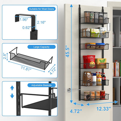 VyGrow 12.3" W Narrow Over the Door Pantry Organizer, 6-Tier Over the Door Organizer with Adjustable Basket, Pantry Door Organization for Pantry Kitchen Storage Room Spice Rack, White