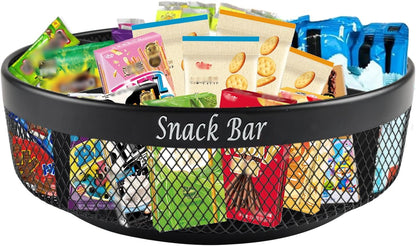 Snack Organizer for Countertop, Metal Turntable Organizer with Divider, 4 Compartment Snack Storage Spinning Snack Tray, Lazy Susan Snack Spinner for Snack Bar Organizer Pantry Storage-Black