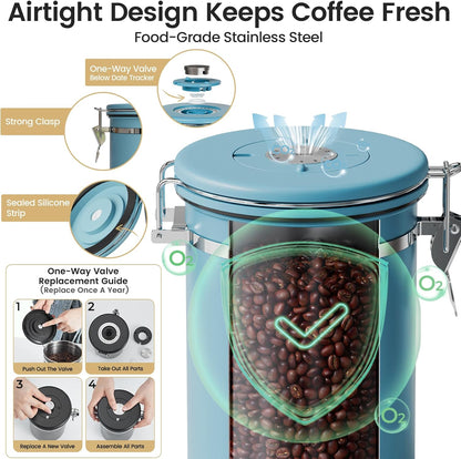 Veken Coffee Canister with Window, Family Choice Awards Winner, Airtight Stainless Steel Home Kitchen Food Storage Container with Lids for Grounds, Beans, Tea, Flour,Cereal,Sugar Jars,Scoop,16OZ,Black