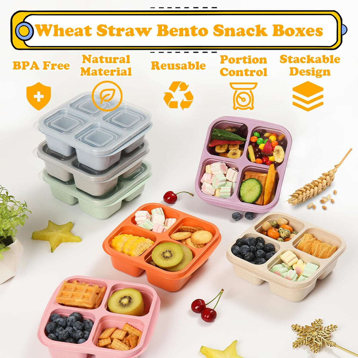 Snack Containers, 4 Compartment Snack Box Containers Bento Box, Reusable Meal Prep Lunch Containers for Adults Kids Toddler, Divided Food Containers for Travel Work School