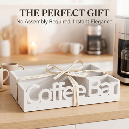 Coffee Bar Organizer for Countertop – Wooden Coffee Caddy with Compartments for Pods, Sugar Packets, and Accessories – Coffee Condiment Station Storage for Home and Office (Black)