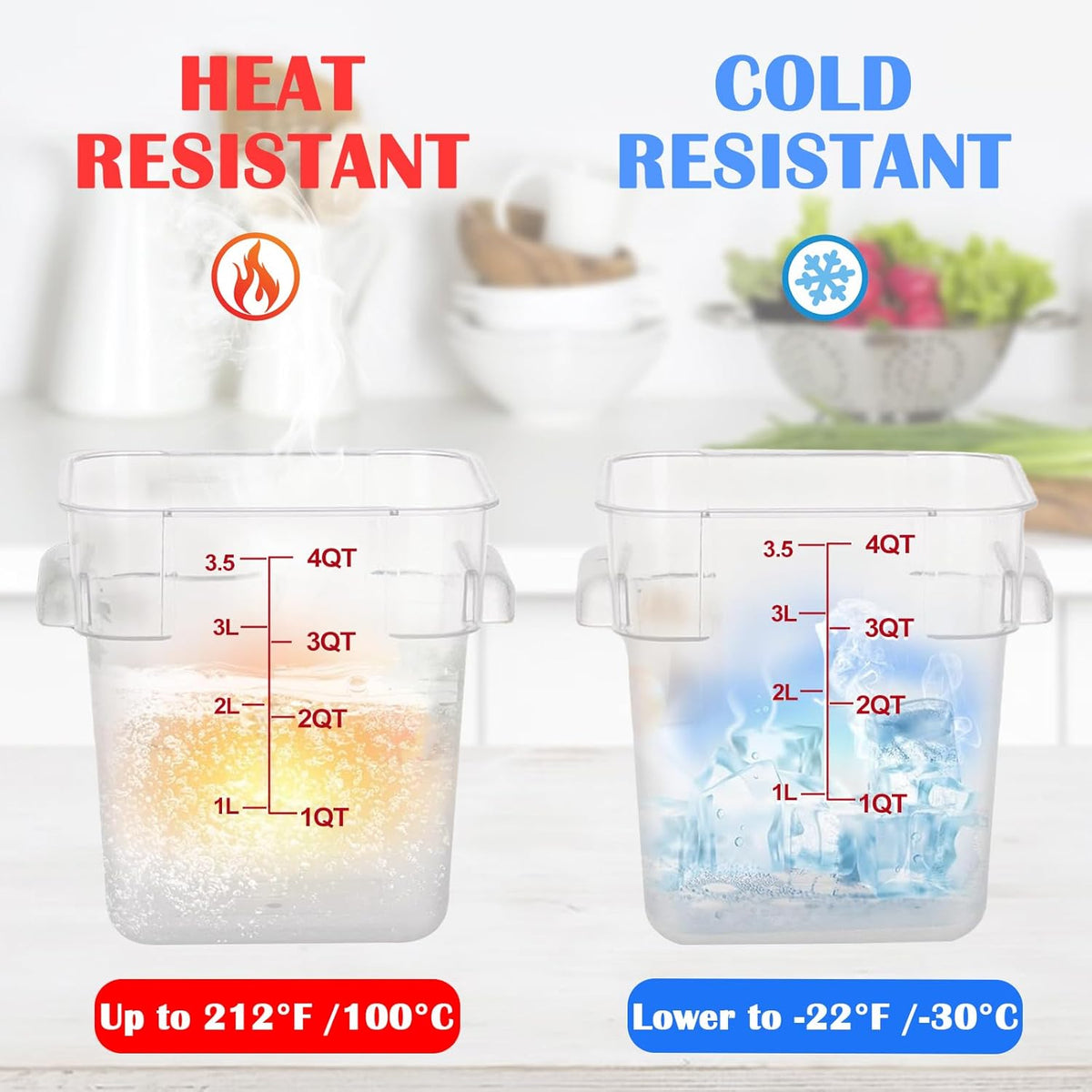 4 Pack 4QT Food Storage Containers with Green Lids, Clear Square Restaurant Commercial Food Storage Containers with Handle and Scale, Marinating Container Dough Rising Bucket for Home & Dining