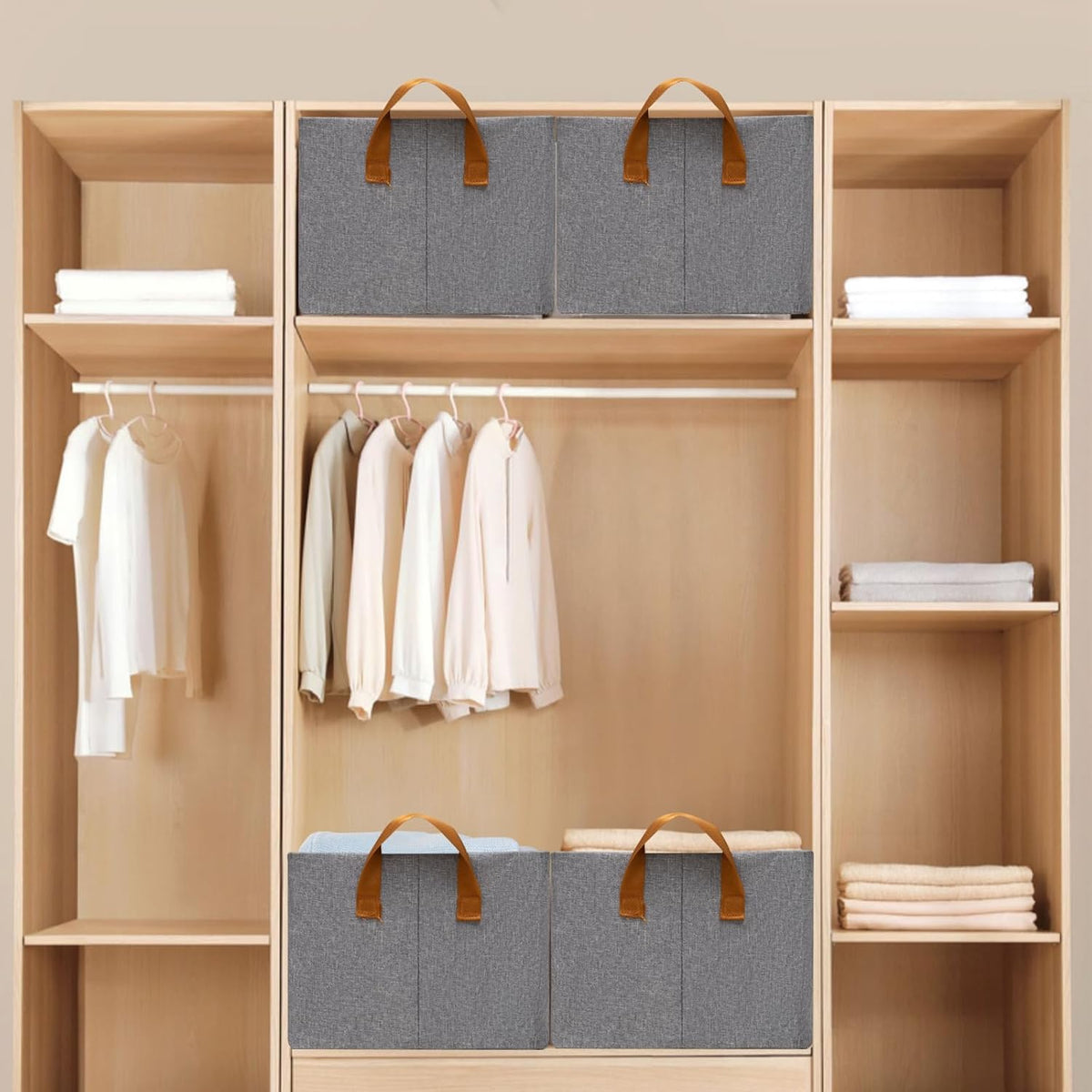 SNWDN Closet Cloth Storage Bins for Shelves, Medium Storage Baskets for Shelves, Fabric Bins for Closet organization with Handles（ Gray 15''L x 10''W x 8''H）