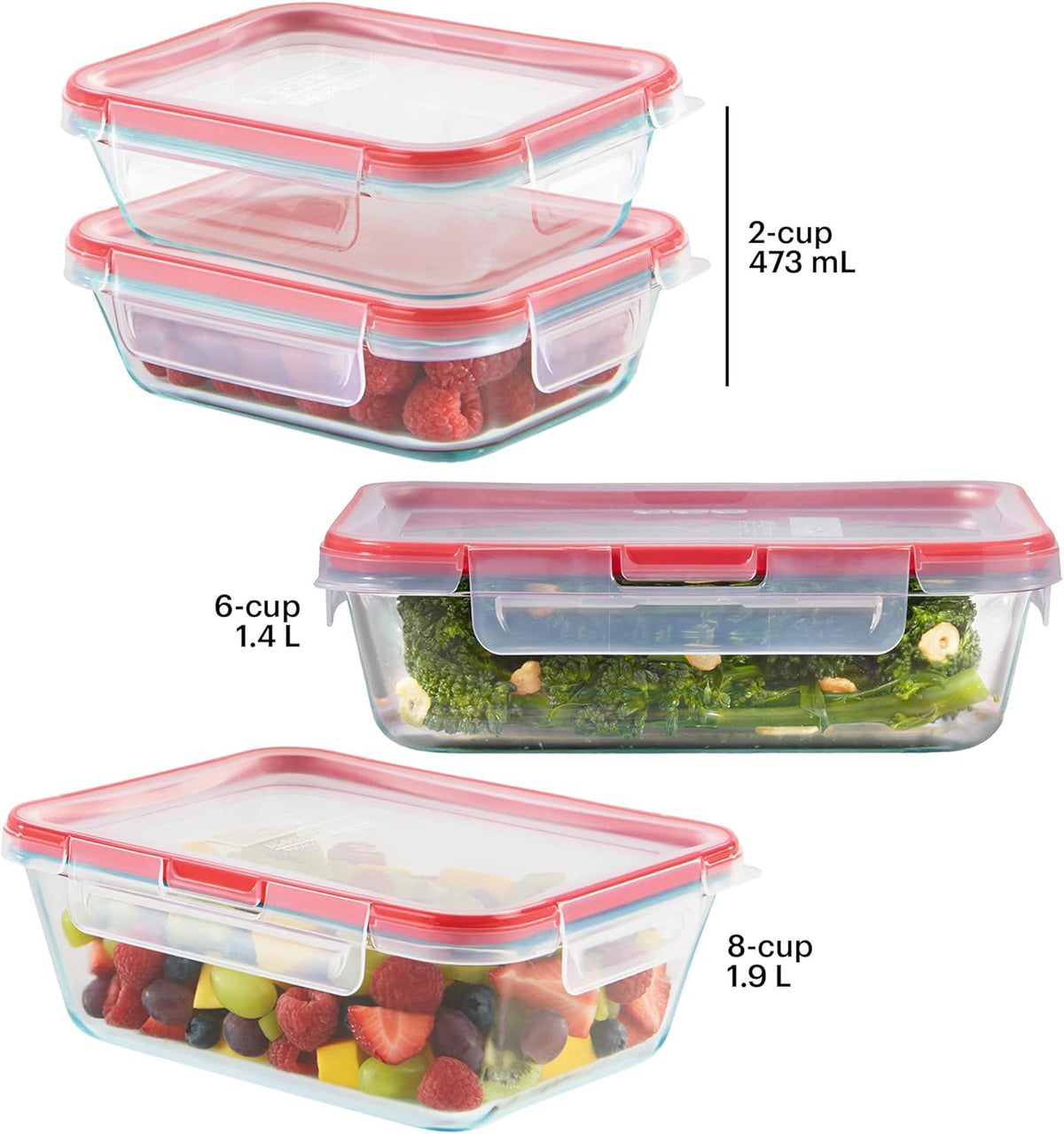 Pyrex Freshlock (4 Cup) Glass Food Storage Containers Set, Airtight & Leakproof Plastic Locking Lids BPA-Free, Meal Prep Containers Set, Freezer Dishwasher Microwave Safe