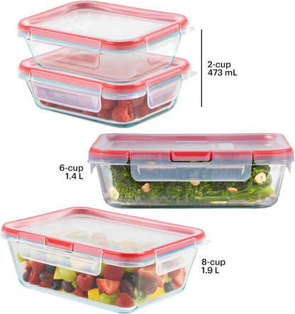 Pyrex Freshlock (4 Cup) Glass Food Storage Containers Set, Airtight & Leakproof Plastic Locking Lids BPA-Free, Meal Prep Containers Set, Freezer Dishwasher Microwave Safe