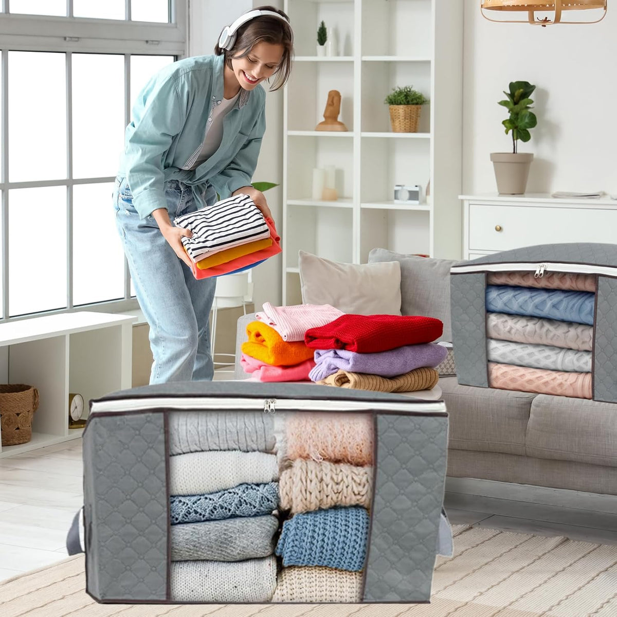 combocube Zippered Storage Bag for Closet King Comforter, pillow, quilt, bedding, Clothes, Blanket Organizers with Large Clear Window & Carry Handles Space Saver