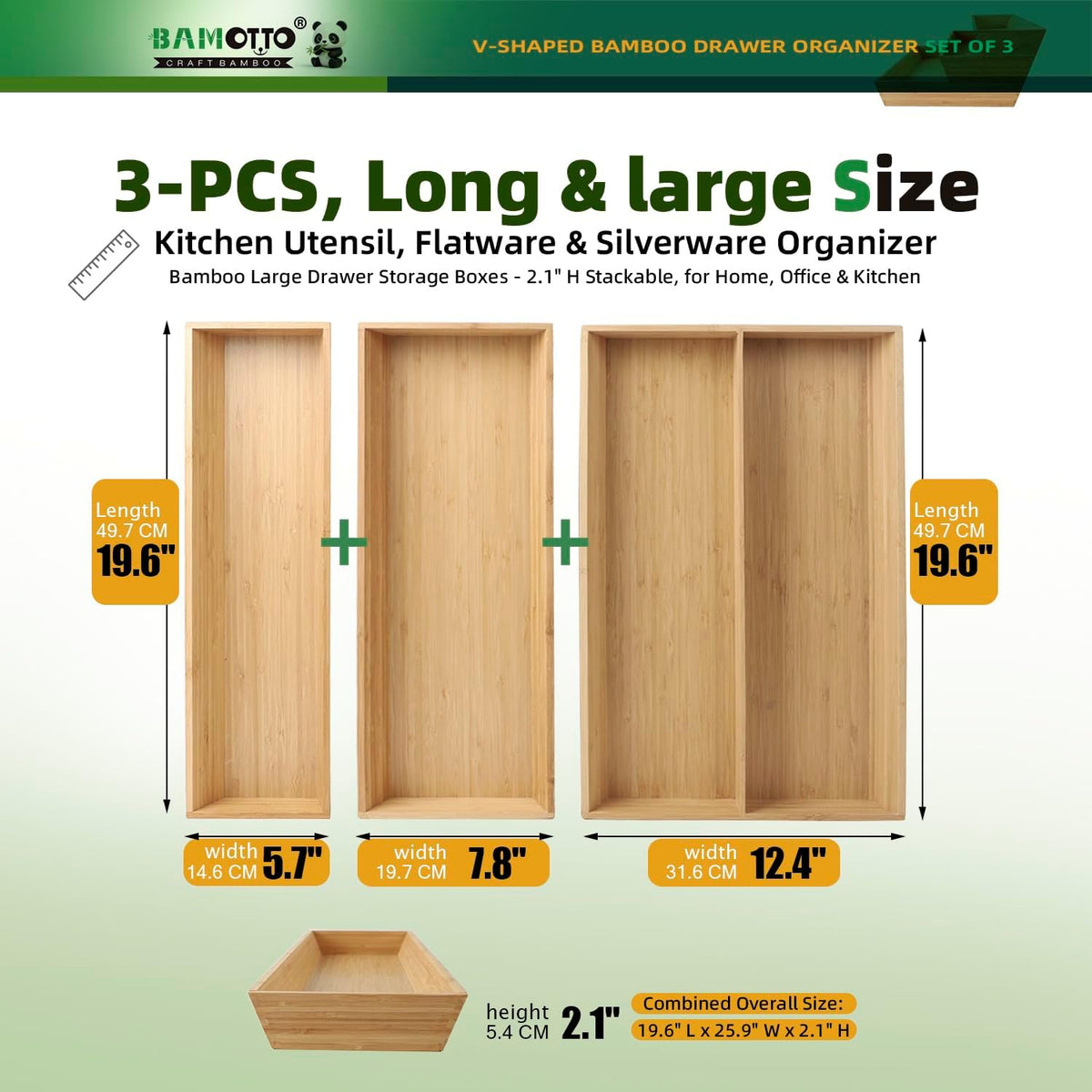 BAMOTTO CRAFTBAMBOO Stack Bamboo Drawer Organizer Set of 5, Kitchen Utensil, Flatware&Silverware Organizer-Wood Laminated Stackable for Kitchen, Bedroom, 13.4''x4.5''*2+10.2''x3.3''*2+10.2''x6.7''*1