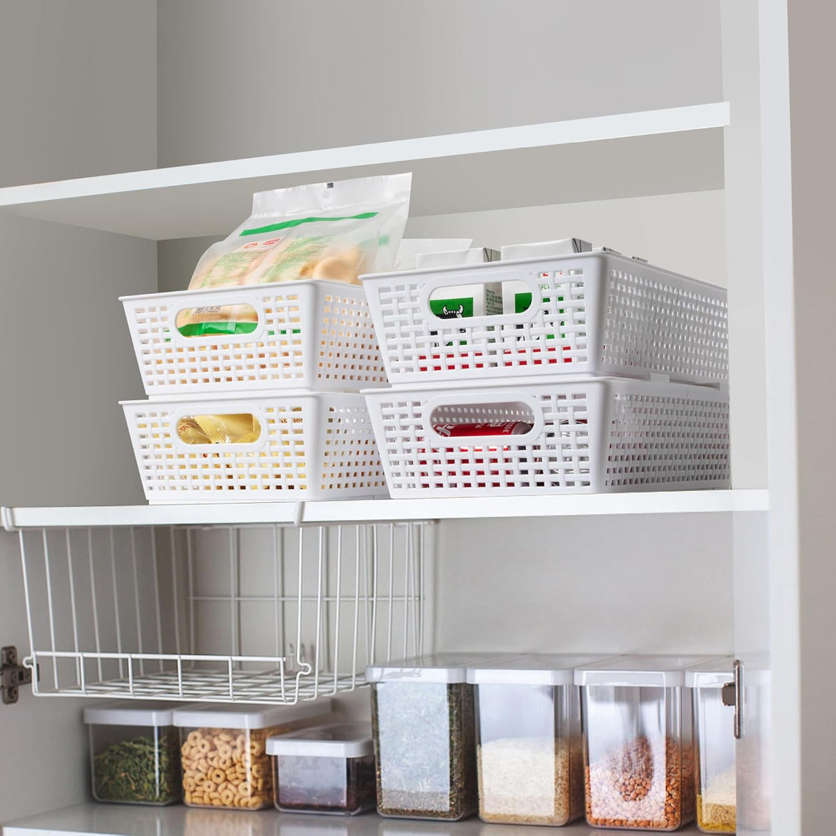 Tiawudi Stackable Woven Plastic Basket, Storage Bins for Cabinet, Closet, Shelf, Under Sink and Countertop, Pantry Organizer Bins, 6 Pack