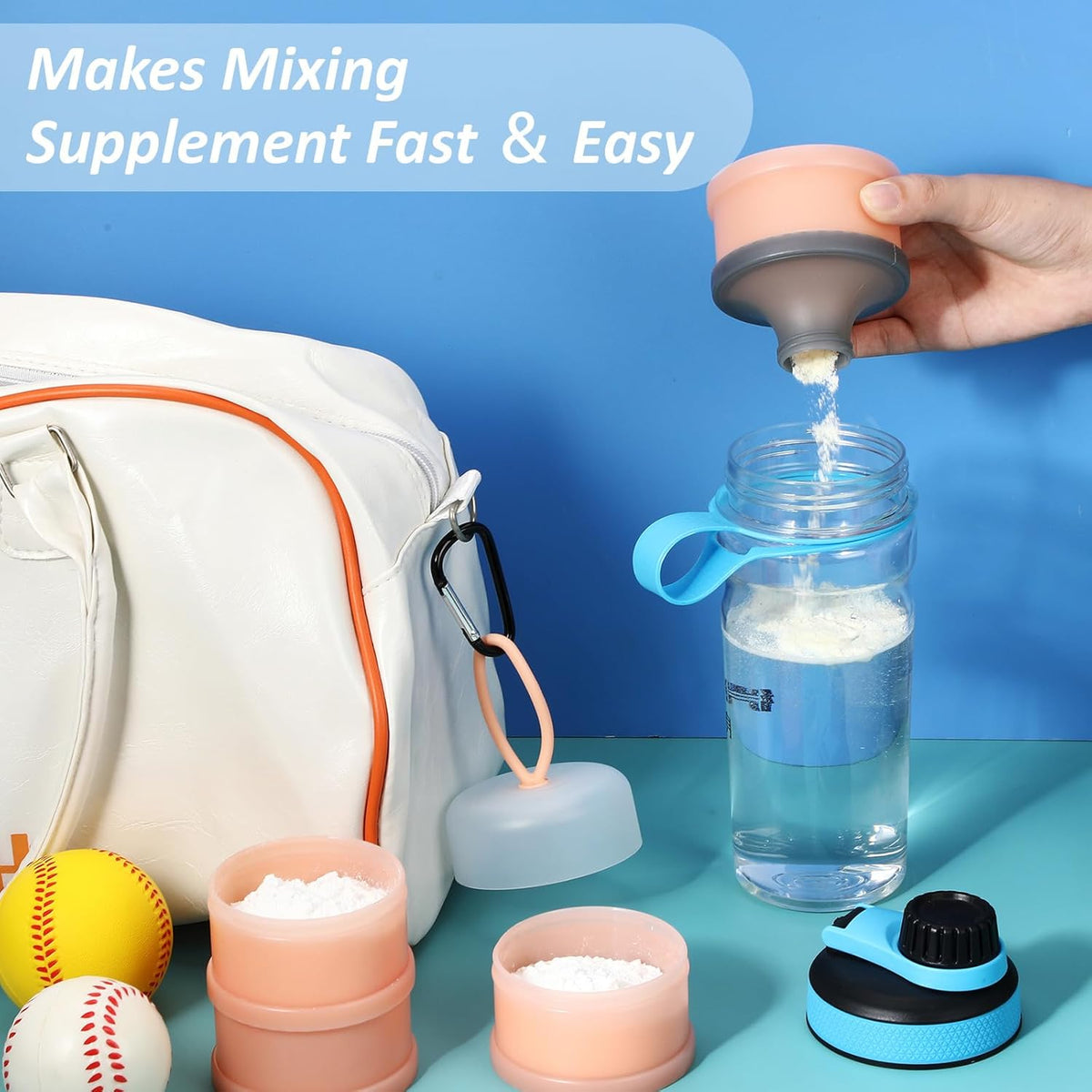 Baderke 2 Pcs Protein Powder Container with Funnels Stand, 4 Stackable Leakproof Protein Powder Dispenser, Portable Keychain Powder Container for Workout, Fitness, Travel(Gray, White)