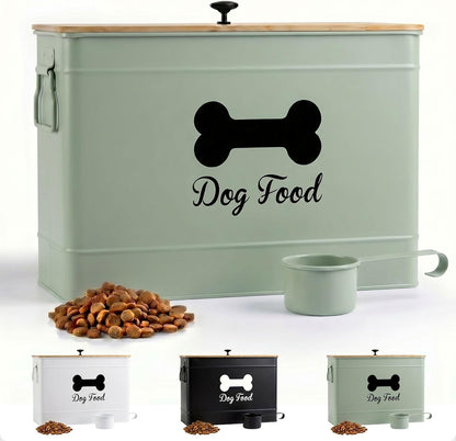 Dog Food Container Airtight 15-20 lb (70 Cup) Capacity with Metal Scoop - Cute Airtight Dog Food Storage Container with Bamboo Lid - Black Metal Kibble Storage Bin for Dogs up to 100 lbs - Big Pet Jar