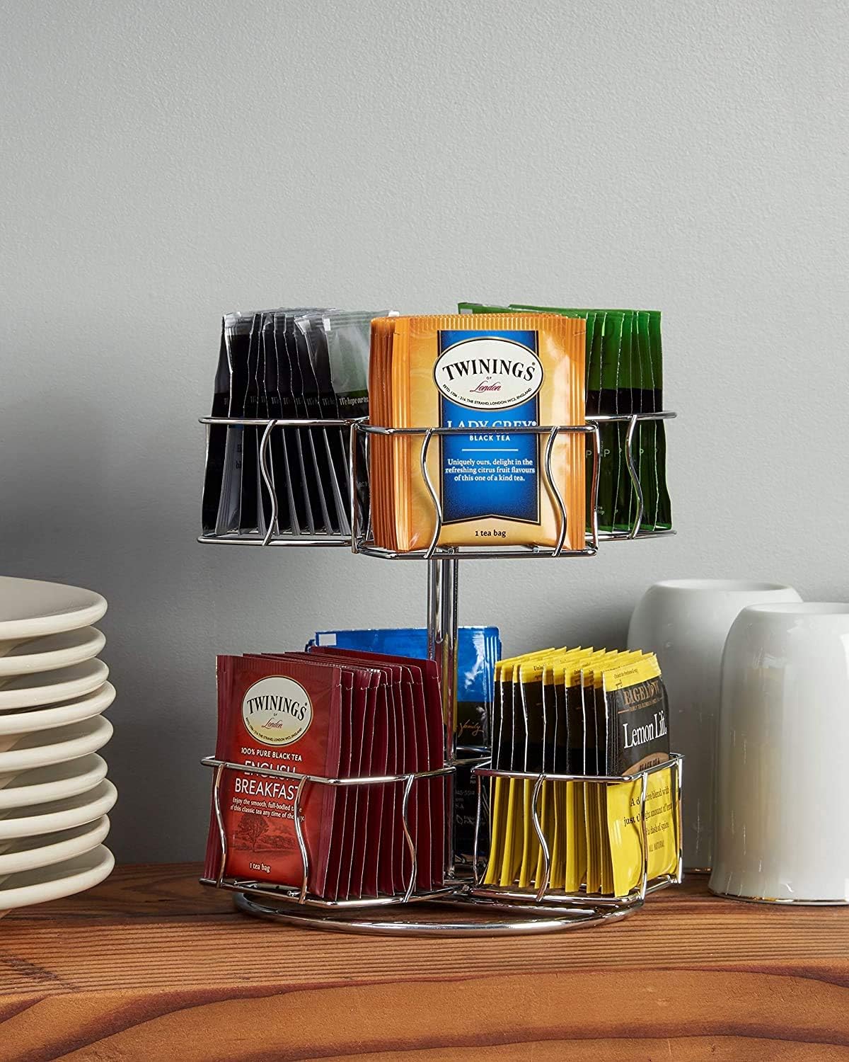 Nifty Tea Bag Spinning Carousel – 6 Compartments, Up to 60 Tea Bags Storage, Spins 360-Degrees, Lazy Susan Platform, Modern White Design, Home or Office Kitchen Counter Organizer