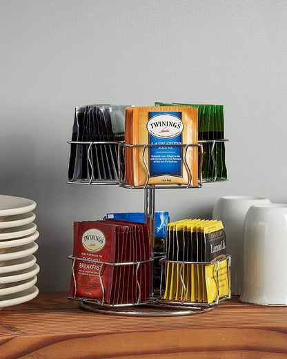 Nifty Tea Bag Spinning Carousel – 6 Compartments, Up to 60 Tea Bags Storage, Spins 360-Degrees, Lazy Susan Platform, Modern White Design, Home or Office Kitchen Counter Organizer