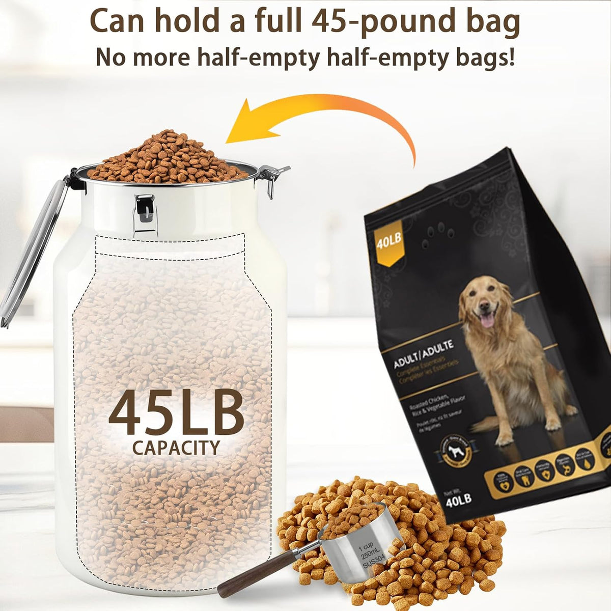 Dog-Cat Food Storage Container 45 lb/48 Qt, Large Stainless Steel Pet Food Bin with Airtight Lid & Scoop Included, Durable 304 Metal Storage for Dogs & Cats