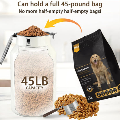 Dog-Cat Food Storage Container 45 lb/48 Qt, Large Stainless Steel Pet Food Bin with Airtight Lid & Scoop Included, Durable 304 Metal Storage for Dogs & Cats