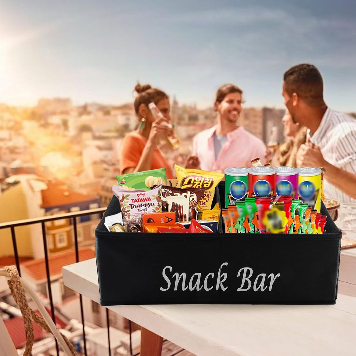 Snack Organizer for Countertop, Fabric Snack Organizer with Handles, 2 Large Compartment Snack Container Snack Basket, Snack Bar Station Decor, Kitchen Pantry Organizer and Storage, Black