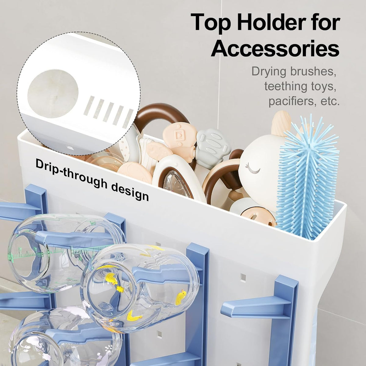 GoMaihe Baby Bottle Drying Rack: Space Saving Vertical Bottle Dryer Holder - Newborn Accessories Storage Stand Organize Brushes Pacifiers on Countertop - BPA-Free - Gray