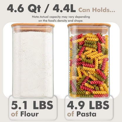 3-Pack 2.2Qt Square Glass Spaghetti Jars with Bamboo Lids, Tall Food Storage Containers for Pantry Organization, Elegant Kitchen Storage Canister for Pasta, Penne, Macaroni, Lasagna, Fusilli