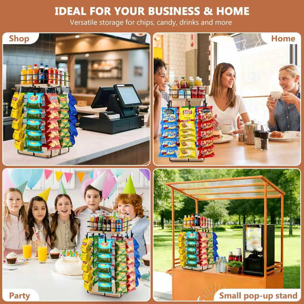 Chip Rack Display Stand, 5-Tier 360° Rotating Organizer with Top Storage Basket for Drinks & Spice Jars, 40 Clips & Snack Tray for Store, Kitchen, Party, Retail Countertop Snack Display (Square Base, Beige)