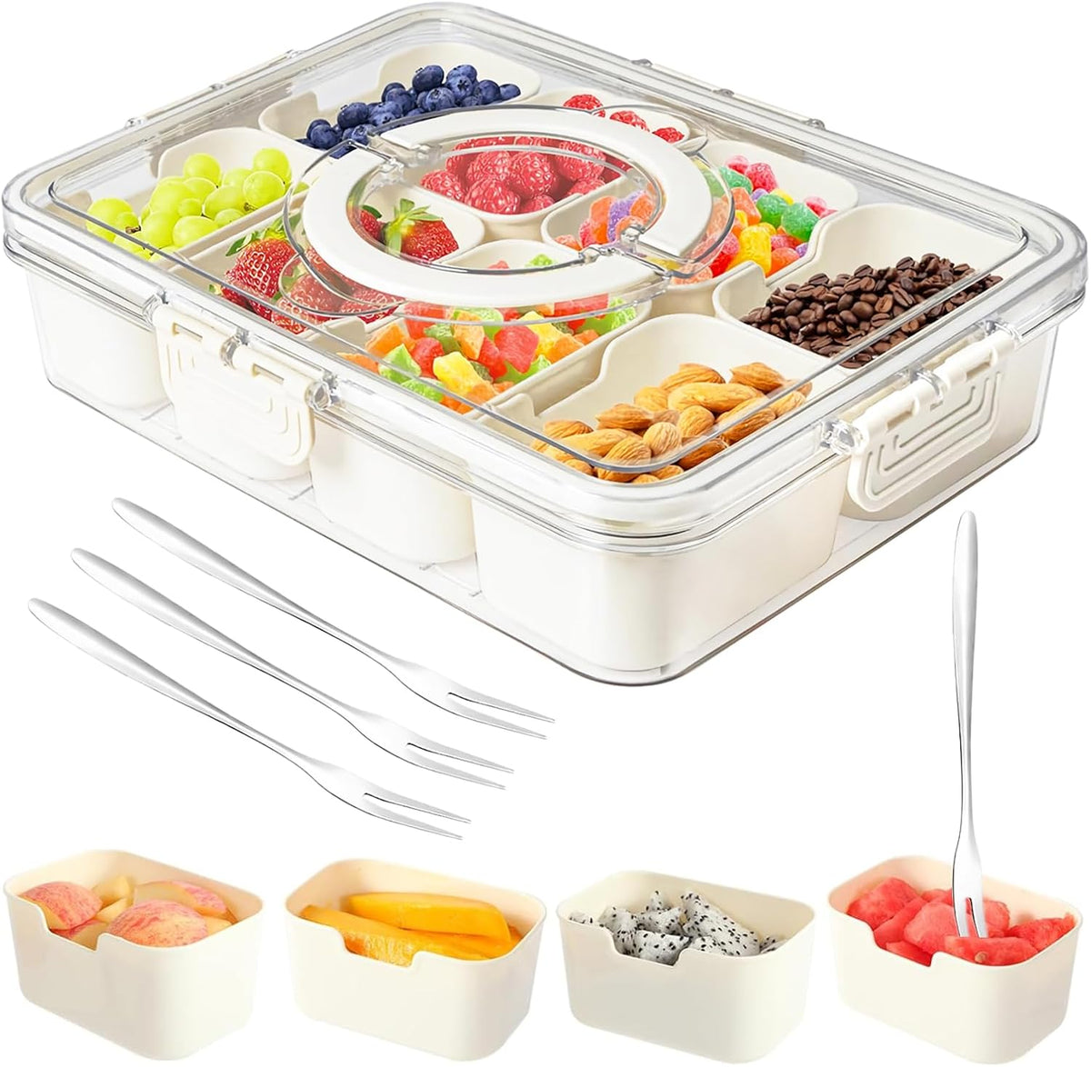 Dunruz Snackle Box Container,Portable Snack Box 8 Compartment Divided Serving Tray with Lid,Clear Storage Organizer for Fruit Candy Nuts Veggie-Perfect for Road Travel Party (8 Compartments)