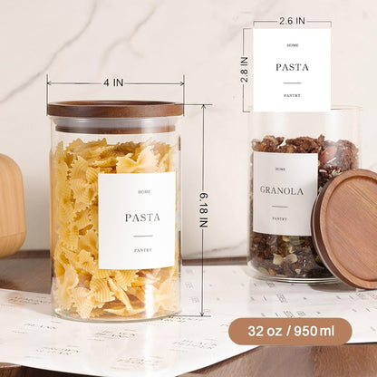 Glass Rice Containers with Acacia Wood Lids, 70oz Airtight Flour and Sugar Jars with 105 Labels, Large Glass Pantry Storage Jars for Cereal, Protein Powder, Cookies, Dry Food