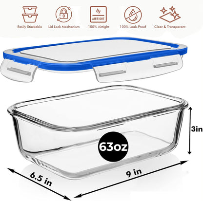 8 Cups/ 63 Oz 4 Piece (2 containers + 2 Lids) Large Glass Food Storage/ Baking Containers with Locking Lids . Ideal for Storing food, vegetables or fruits. BPA Free & Leak Proof -Microwave, Oven Safe