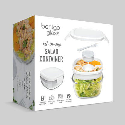 Bentgo Glass Prints Salad Container - 7.6-Cup Tinted Glass Salad Bowl with Airtight Lid, Leak-Proof Sauce Container, 4-Compartment Bento Meal Prep Tray & Reusable Fork (Floral Maximalist - Sea)