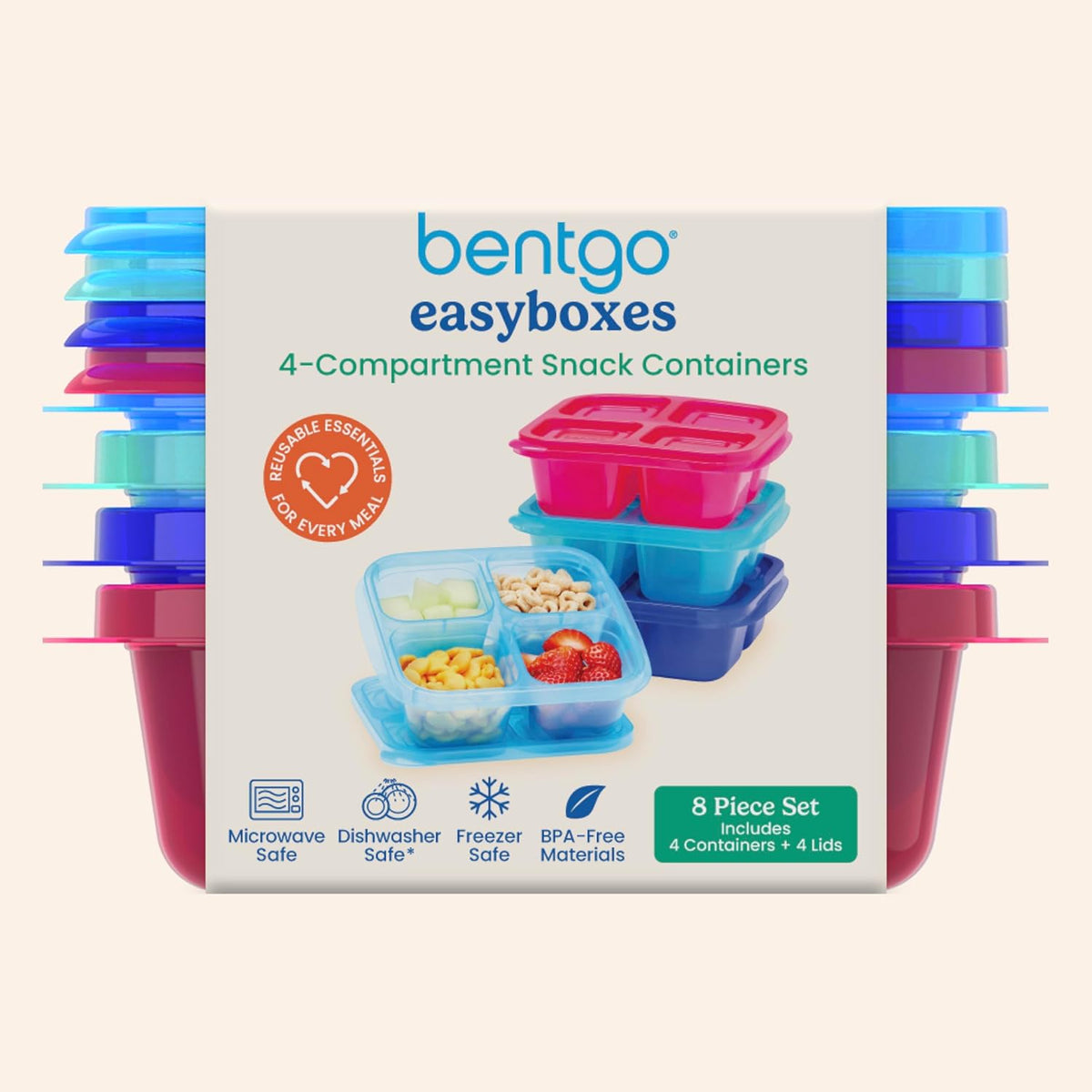Bentgo Easyboxes 4-Compartment Snack Containers - 8-Piece Set with 4 Trays & 4 Custom-Fit Lids to Seal in Freshness - Reusable Food Storage & Meal Prep Bento BPA-Free Containers (Brights 4-Pack)