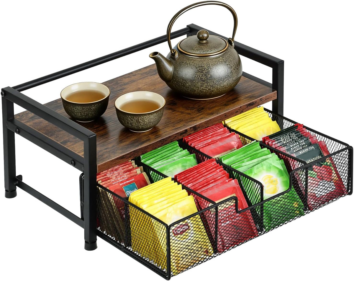 Tea Bag Organizer - 13"×7.9"×6.4" Wooden Tea Bag Holder with 8-Compartment Pull-Out Metal Mesh Drawer, Anti-Fall Guardrail Teabag Organizers and Storage Chest for Kitchen & Desk Countertop