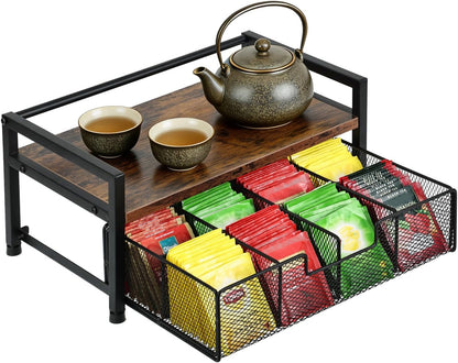 Tea Bag Organizer - 13"×7.9"×6.4" Wooden Tea Bag Holder with 8-Compartment Pull-Out Metal Mesh Drawer, Anti-Fall Guardrail Teabag Organizers and Storage Chest for Kitchen & Desk Countertop