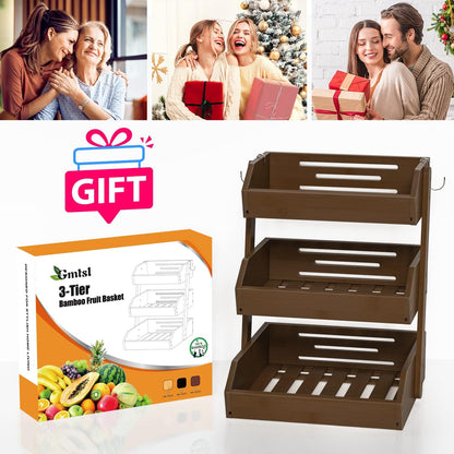 Gmtsl Bamboo Fruit Basket for Kitchen – 3 Tier Fruit Bowl For Kitchen Counter, Large Fruit Holder With 2 Banana Hangers, Idea For Fruit and Vegetable Storage, Bread Basket, Snack Organizer(BLACK)