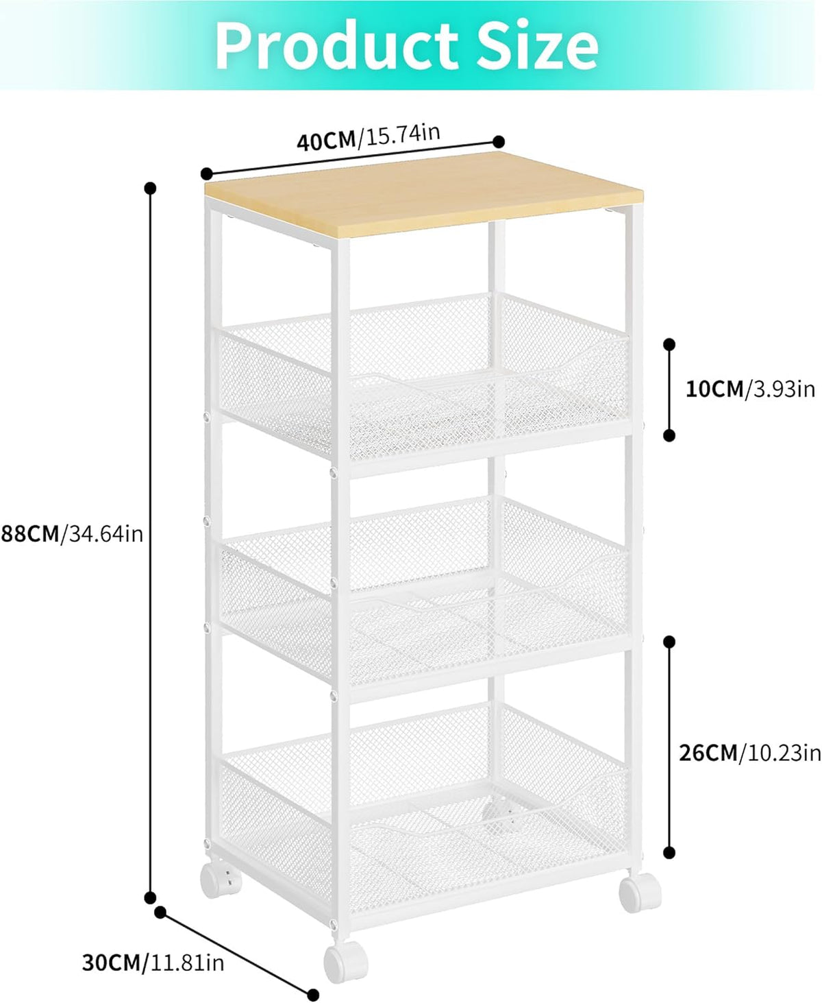 HapiRm Fruit Basket Kitchen Cart - 4-Tier Rolling Storage Cart with Wheels, Fruit Vegetable Basket with Wood Top, Pantry Utility Kitchen Organizer for Fruit Potato Onion Vegetable Bread Snack