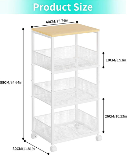 HapiRm Fruit Basket Kitchen Cart - 4-Tier Rolling Storage Cart with Wheels, Fruit Vegetable Basket with Wood Top, Pantry Utility Kitchen Organizer for Fruit Potato Onion Vegetable Bread Snack
