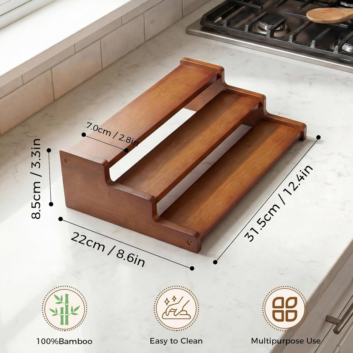 Spice Rack Organizer for Cabinet, 18in Bamboo Tiered Spice Rack，Used for Kitchen Countertops and Food Storage Room Organizer，Specially Designed for Jars and Spice Bottles(Bamboo, L)