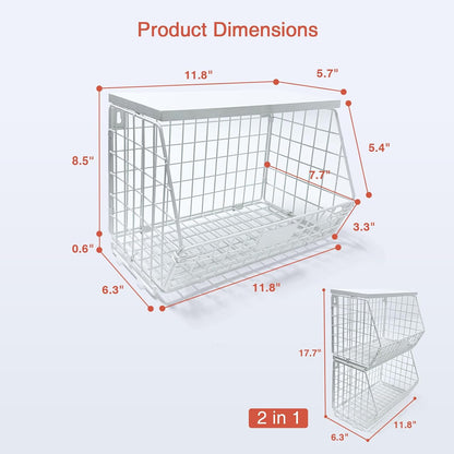 Goozii Hanging Wall Fruit Basket for Kitchen Counter 2 Pack, Stackable Wire Baskets for Organizing with Wood Lid, Potato and Onion Storage Bin with Banana Hook for Vegetable Produce, Black + Rustic