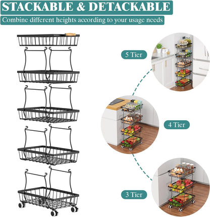CHLORYARD 4 Tier Slim Fruit Basket for Kitchen, Stackable Metal Wire Fruit Vegetable Storage Baskets Organizer Stand on Wheels, Produce Basket Potato Onion Storage Bins Rack for Pantry. (Black)