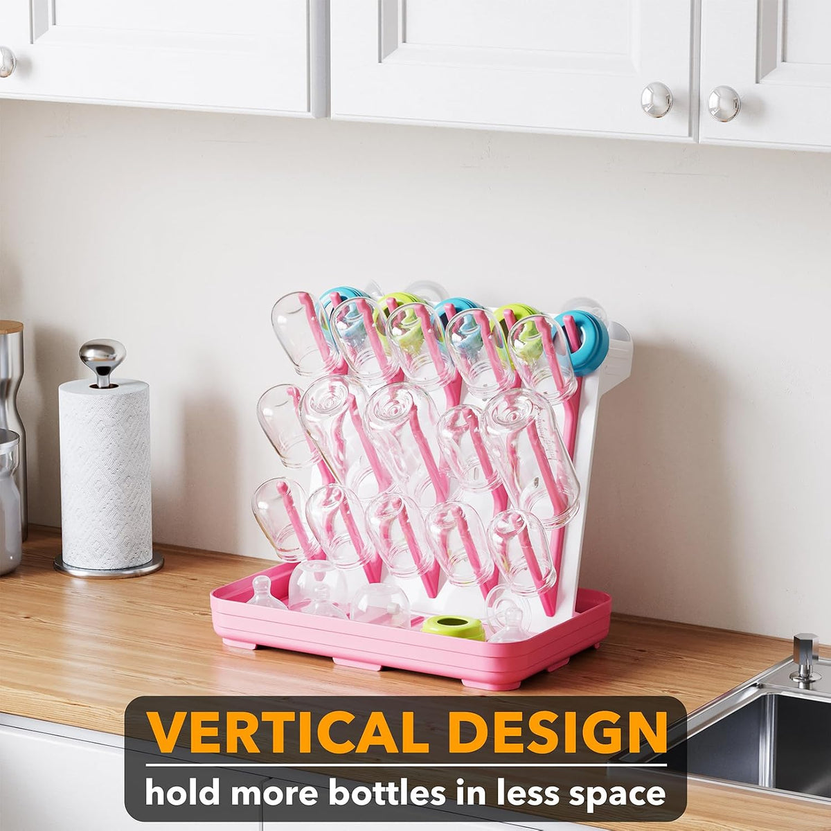 SpaceAid Baby Bottle Drying Rack with 20 Hooks, Space Saving Kitchen Bottles Rack Dryer, Vertical Baby Bottle Holder Organizer for Countertop Storage Accessories (White and Gray)