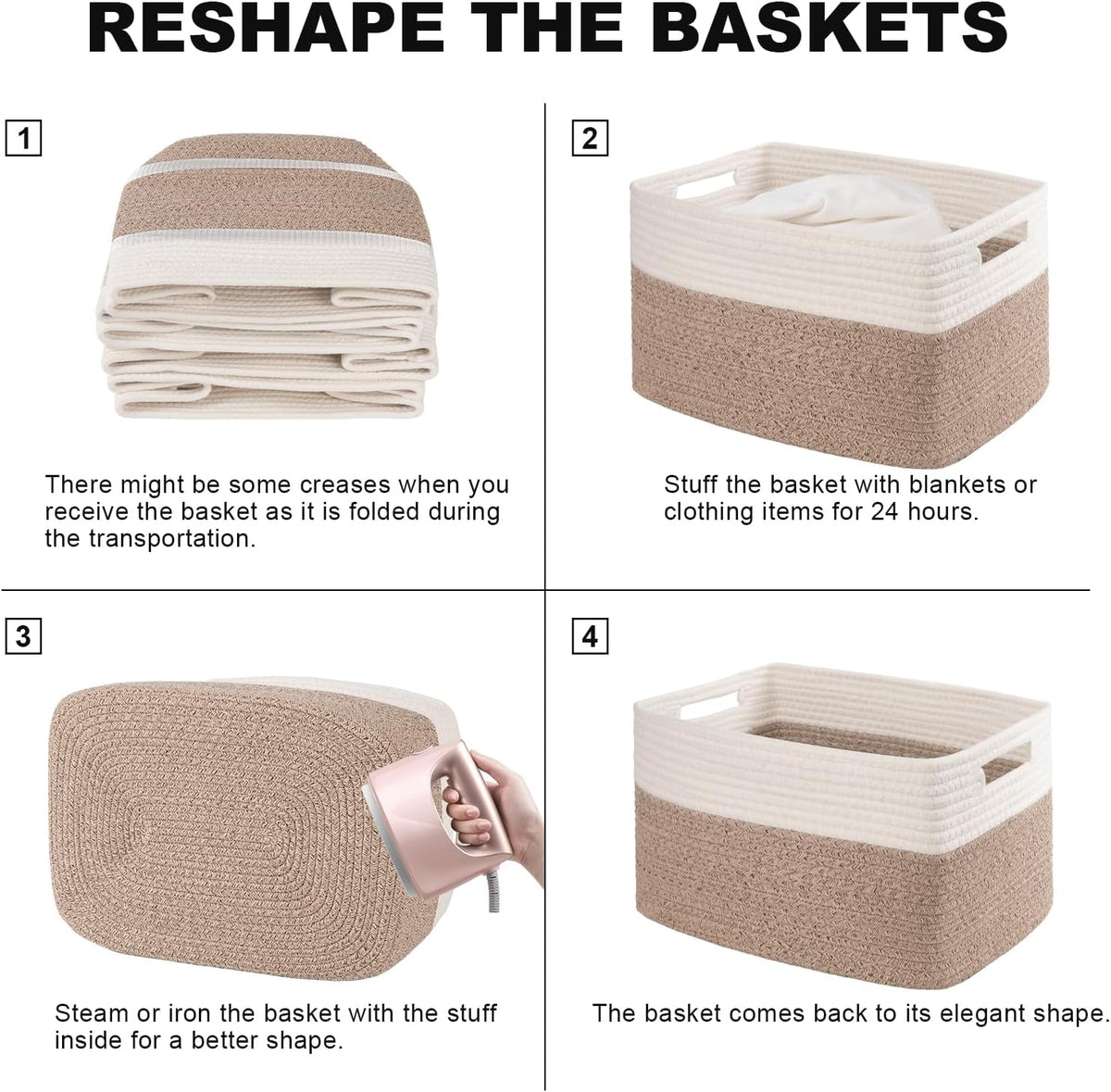 4 Pack Storage Baskets for Organizing, Woven Baskets for Shelves - Perfect for Toys, Books, Towels, and Clothes, Durable Gift Basket Bins Toy Storage, 12.7''Lx9''Wx7.8''H, Brown & White