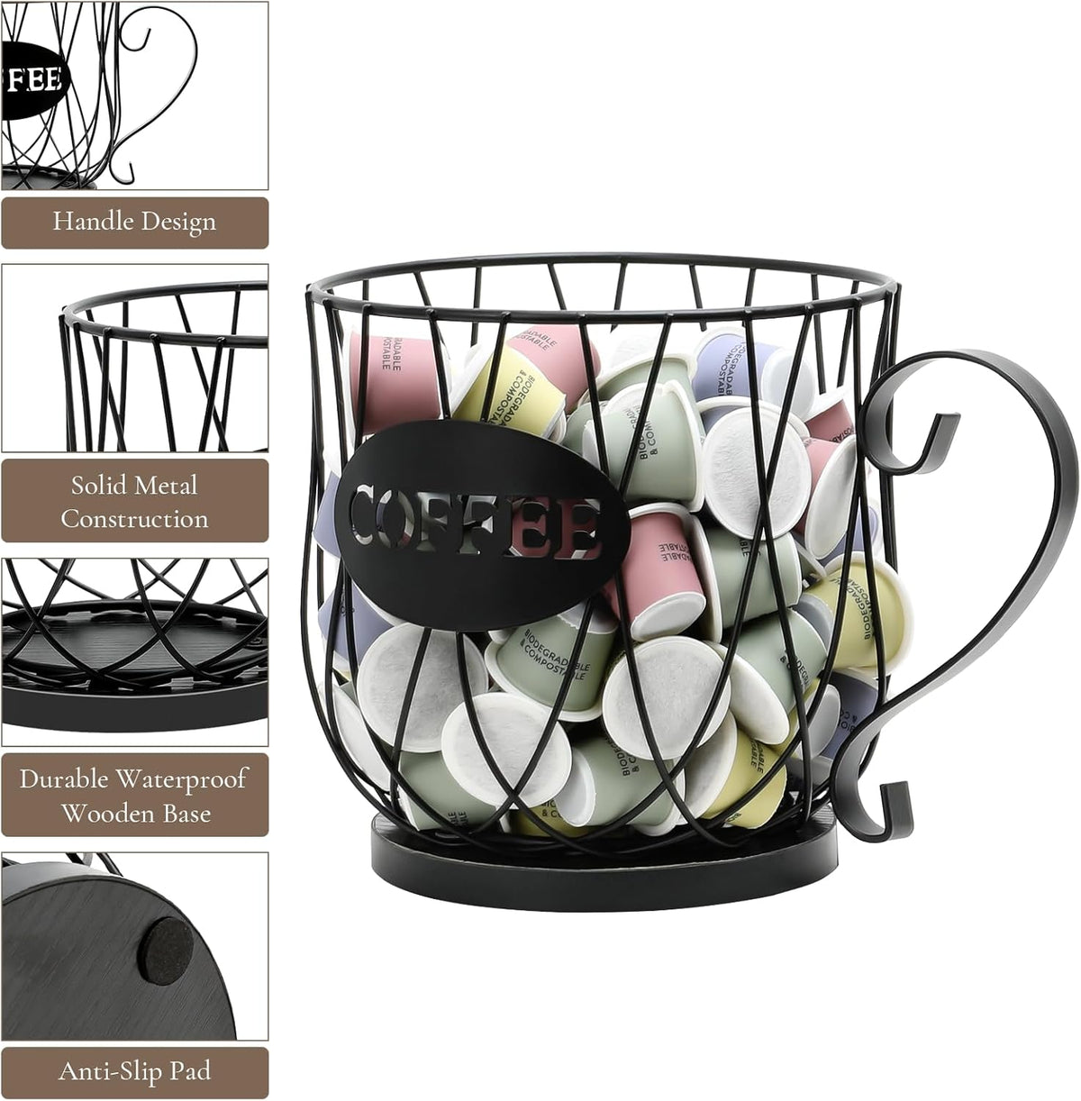 Coffee Pod Holder Organizer,Large Capacity K Cup Holder Organizer, Storage Basket for Kitchen Countertop Office Coffee Bar with Wooden Base(Rustic Brown-Square)